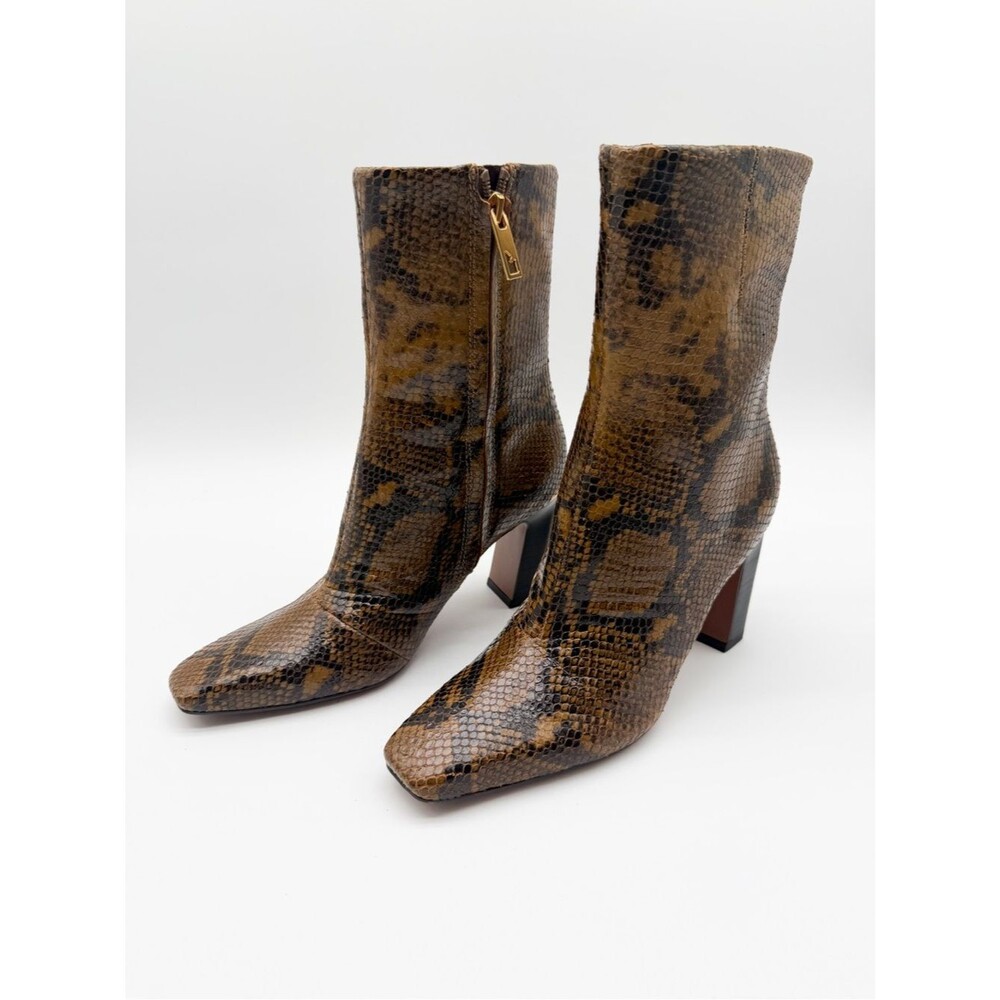 Franco Sarto Briar Snake Print Snip Toe Ankle Boots Block Heel Taupe Brown 6 NEW